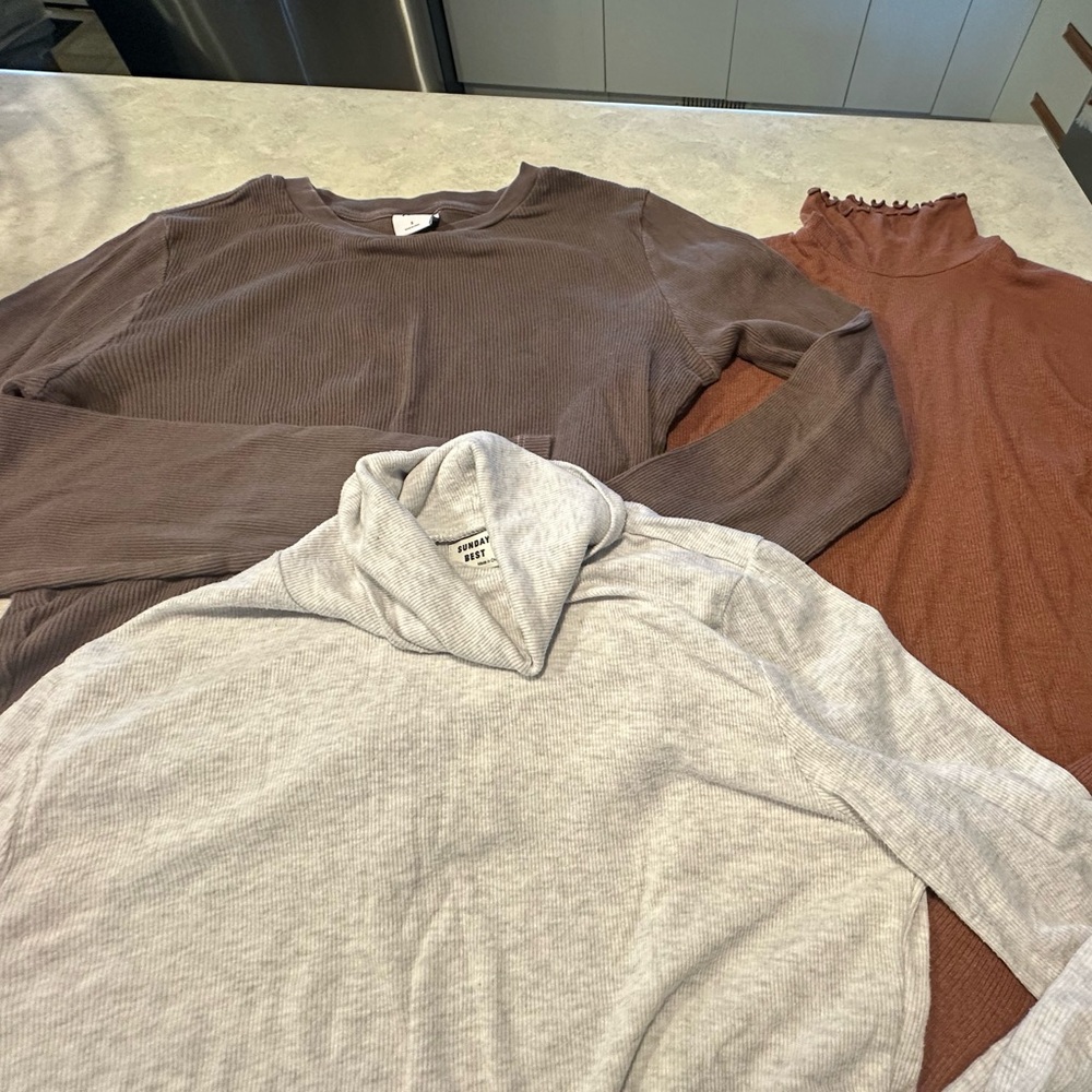 (3) Aritzia Trio: Brown, Rust & Light Gray Long Sleeve Tops